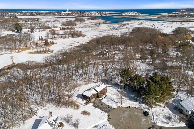 snowy aerial view with a water view