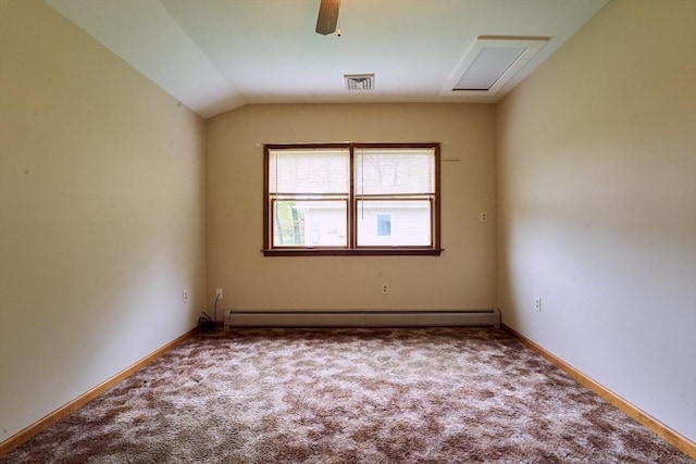 carpeted spare room with a baseboard radiator, vaulted ceiling, baseboards, and a ceiling fan
