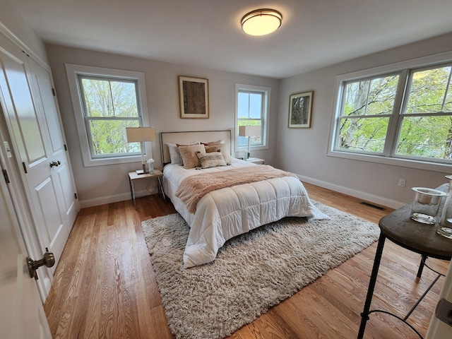 bedroom featuring multiple windows and light wood-type flooring