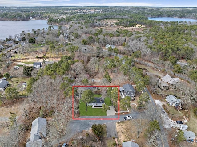 6 Raintree Rd, Dennis, MA 02639 - aerial view of property and surrounding area featuring a large body of water and property parcel outlined