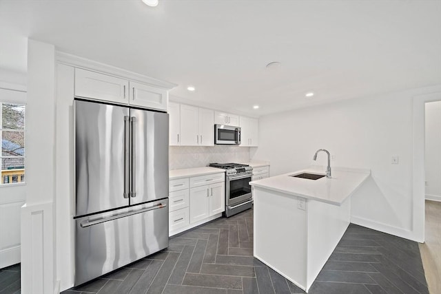 6 Raintree Rd, Dennis, MA 02639 - kitchen with high end appliances, a sink, white cabinets, tasteful backsplash, and light countertops