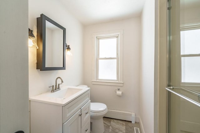 full bath with visible vents, toilet, a baseboard radiator, an enclosed shower, and vanity