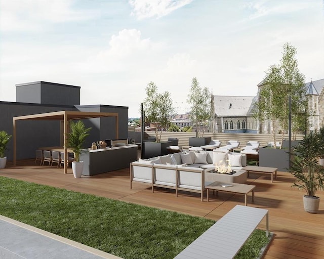 1395 Washington St Unit Ph2, Boston, MA 02118 - wooden deck featuring an outdoor living space with a fire pit and area for grilling