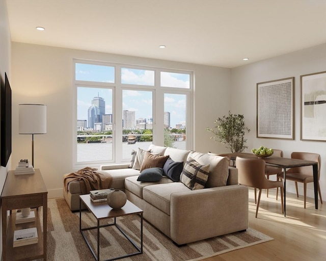 1395 Washington St Unit Ph2, Boston, MA 02118 - living area with a skyline view, wood finished floors, and recessed lighting