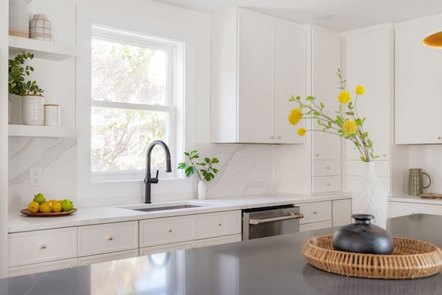 kitchen with stainless steel dishwasher, decorative backsplash, white cabinetry, and sink