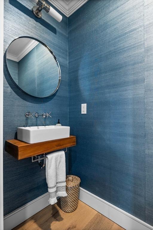 bathroom featuring a sink, baseboards, wood finished floors, and crown molding