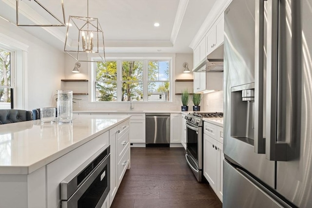 kitchen with plenty of natural light, open shelves, under cabinet range hood, and stainless steel appliances