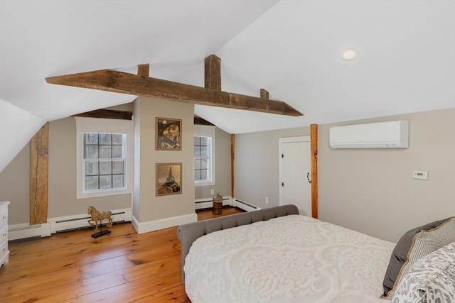 bedroom with a wall mounted AC, light wood-type flooring, multiple windows, and vaulted ceiling with beams