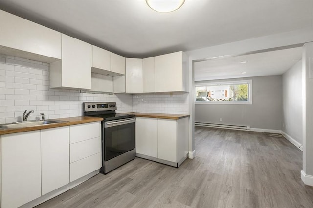 kitchen featuring electric range, a sink, a baseboard heating unit, and light wood-type flooring