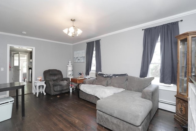 living room featuring crown molding, dark hardwood / wood-style flooring, a notable chandelier, and a baseboard heating unit