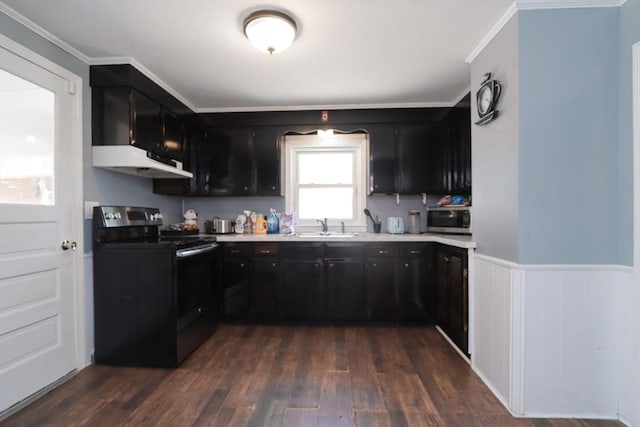 kitchen with dark hardwood / wood-style flooring, black range with electric stovetop, sink, and ornamental molding