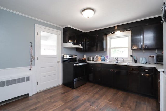 kitchen with dark wood-type flooring, sink, ornamental molding, radiator heating unit, and stainless steel appliances