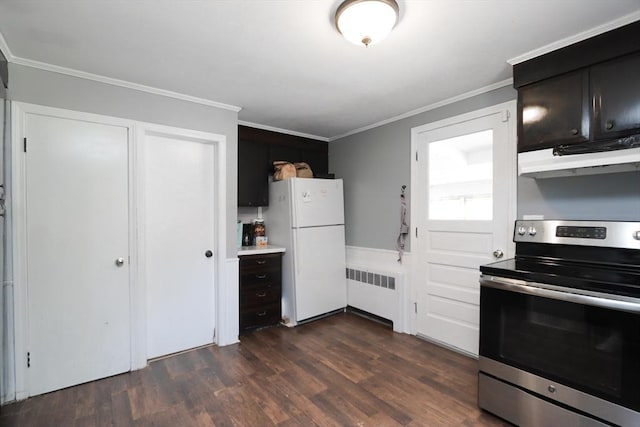 kitchen featuring radiator heating unit, dark wood-type flooring, white fridge, stainless steel range with electric stovetop, and ornamental molding