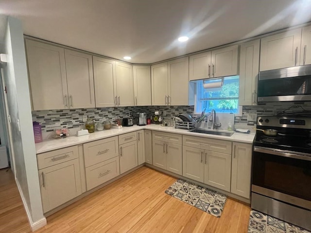 kitchen featuring sink, stainless steel appliances, light wood-type flooring, and backsplash