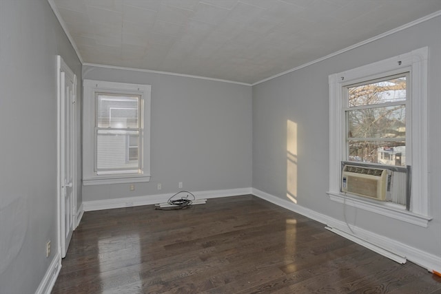 spare room featuring cooling unit, dark hardwood / wood-style flooring, and crown molding