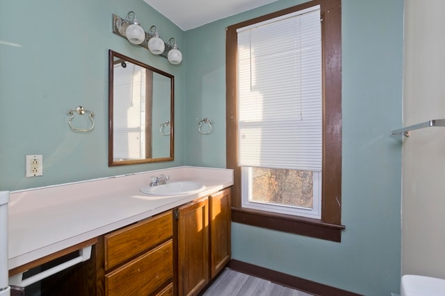 bathroom with hardwood / wood-style floors and vanity