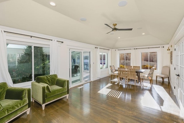 sunroom with french doors, ceiling fan, and lofted ceiling