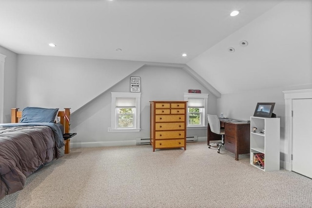 32 Oneida Rd, Winchester, MA 01890 - carpeted bedroom featuring a baseboard radiator, multiple windows, recessed lighting, vaulted ceiling, and an office area