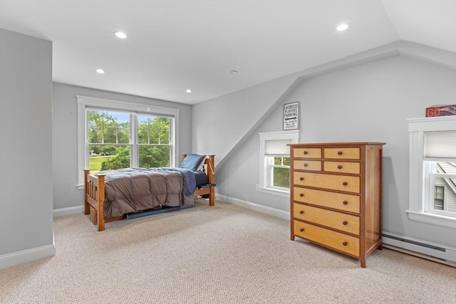 32 Oneida Rd, Winchester, MA 01890 - carpeted bedroom featuring recessed lighting, baseboard heating, and vaulted ceiling