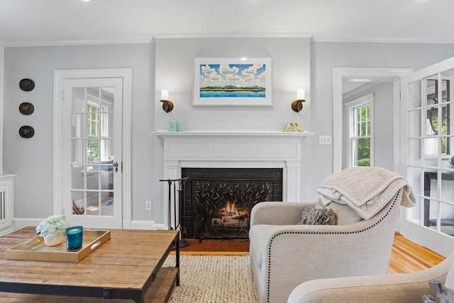 32 Oneida Rd, Winchester, MA 01890 - living room featuring a fireplace with flush hearth, ornamental molding, and wood finished floors