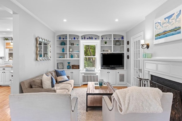 32 Oneida Rd, Winchester, MA 01890 - living area featuring radiator heating unit, ornamental molding, light wood-type flooring, a fireplace, and recessed lighting