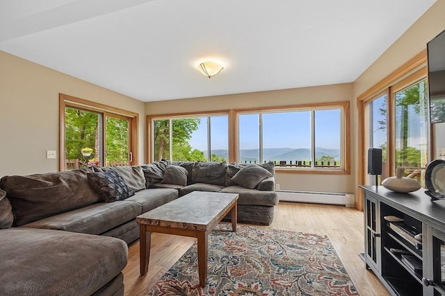 421 Legate Hill Rd, Charlemont, MA 01339 - living area featuring baseboard heating, light wood-type flooring, and a mountain view
