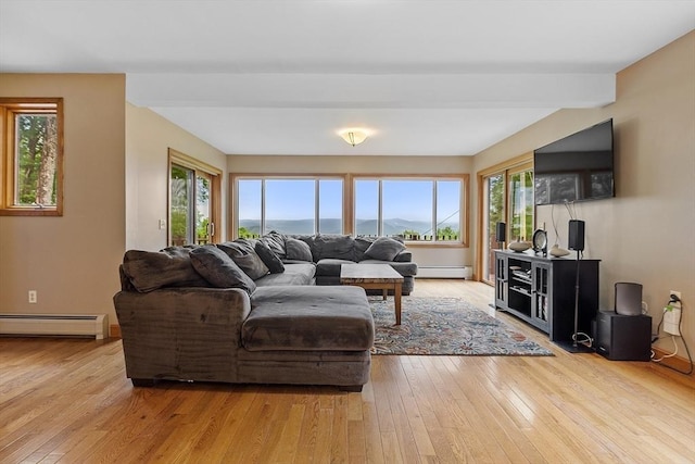 421 Legate Hill Rd, Charlemont, MA 01339 - living area featuring a baseboard heating unit, light wood-style floors, plenty of natural light, and beamed ceiling