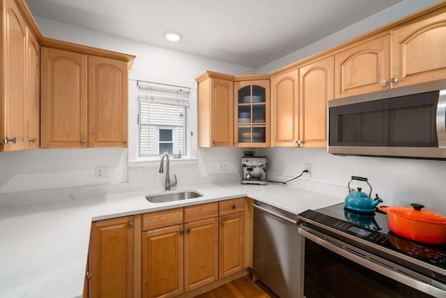 26 Edgebrook Rd, Boston, MA 02132 - kitchen featuring appliances with stainless steel finishes, light countertops, glass insert cabinets, and recessed lighting