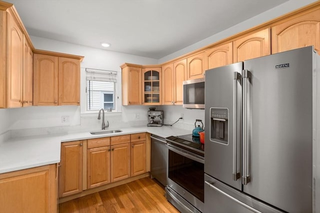 26 Edgebrook Rd, Boston, MA 02132 - kitchen featuring stainless steel appliances, recessed lighting, light wood finished floors, glass insert cabinets, and light countertops