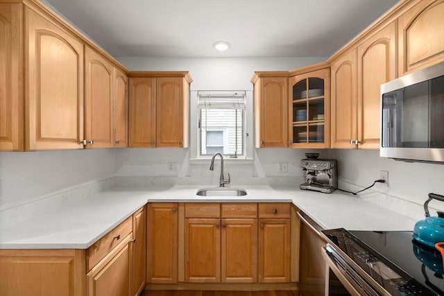 26 Edgebrook Rd, Boston, MA 02132 - kitchen with stainless steel microwave, electric stove, glass insert cabinets, light countertops, and recessed lighting