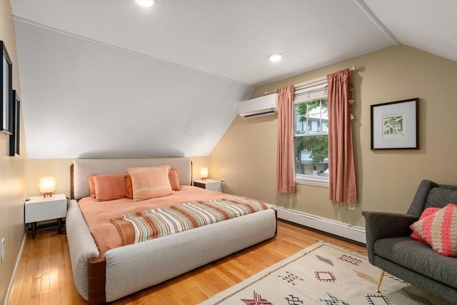 26 Edgebrook Rd, Boston, MA 02132 - bedroom featuring a wall mounted AC, vaulted ceiling, wood finished floors, a baseboard radiator, and recessed lighting