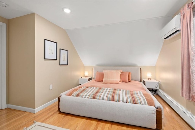 26 Edgebrook Rd, Boston, MA 02132 - bedroom with an AC wall unit, a baseboard heating unit, light wood-type flooring, vaulted ceiling, and recessed lighting
