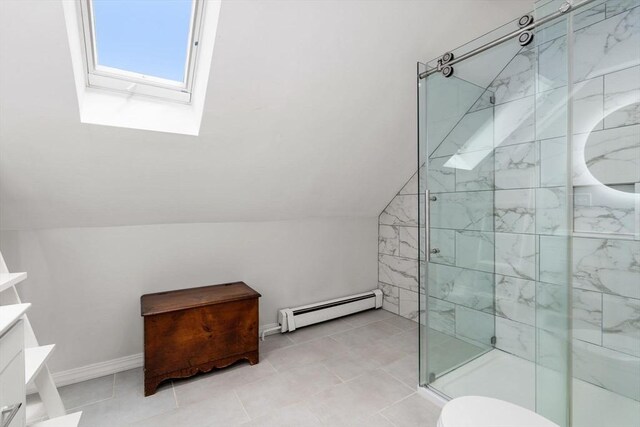 26 Edgebrook Rd, Boston, MA 02132 - bathroom featuring a baseboard radiator, a skylight, vanity, a shower stall, and vaulted ceiling