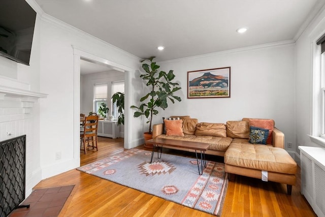 26 Edgebrook Rd, Boston, MA 02132 - living area with a fireplace, wood finished floors, ornamental molding, radiator heating unit, and recessed lighting