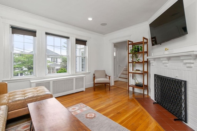 26 Edgebrook Rd, Boston, MA 02132 - living room with radiator heating unit, wood finished floors, a brick fireplace, ornamental molding, and recessed lighting