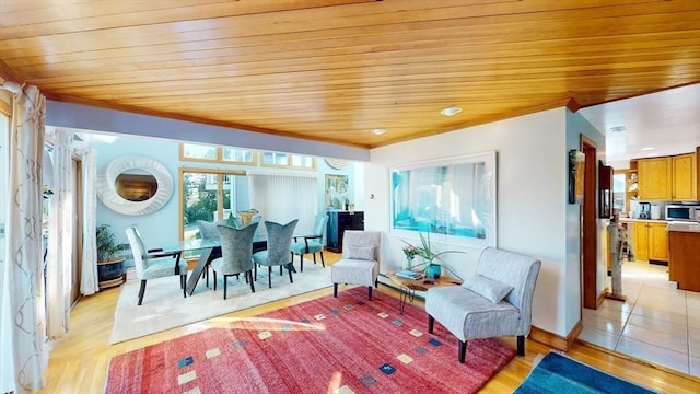 living area featuring wood ceiling and light wood-style floors