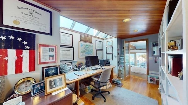 home office featuring wood ceiling and wood finished floors