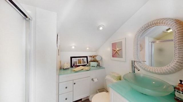 bathroom featuring vanity, a shower stall, toilet, and vaulted ceiling