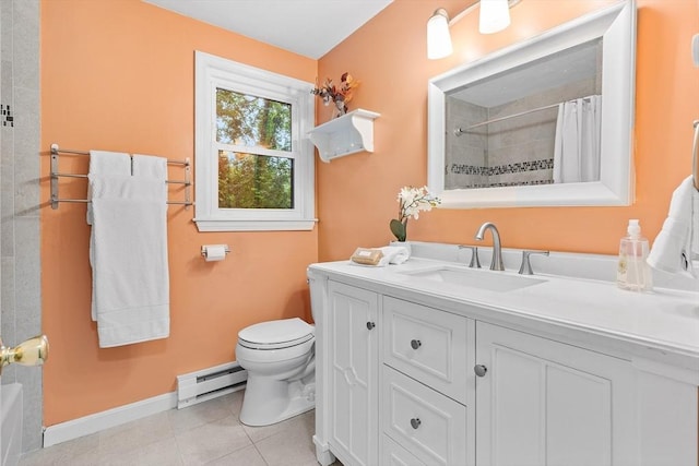 41 Harvey Ln, Westborough, MA 01581 - bathroom featuring a baseboard heating unit, tile patterned flooring, a shower with shower curtain, vanity, and a tub to relax in