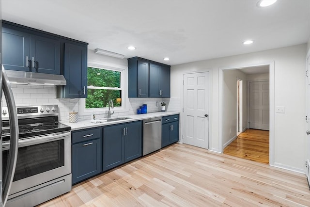 41 Harvey Ln, Westborough, MA 01581 - kitchen with appliances with stainless steel finishes, under cabinet range hood, blue cabinetry, light countertops, and light wood-style flooring