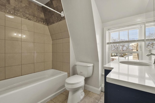 full bath featuring shower / washtub combination, toilet, vanity, tile patterned flooring, and baseboards