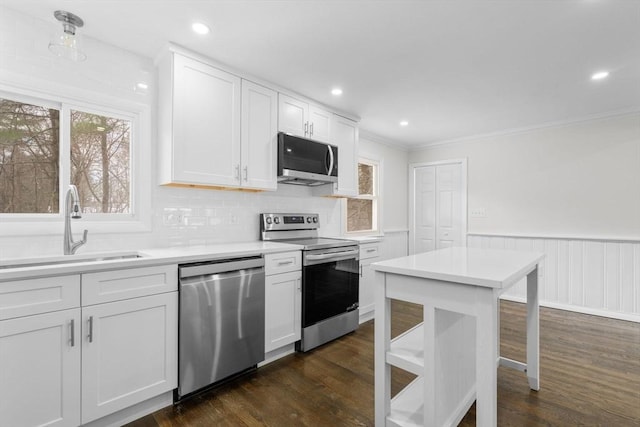 kitchen with sink, dark wood-type flooring, white cabinets, and appliances with stainless steel finishes