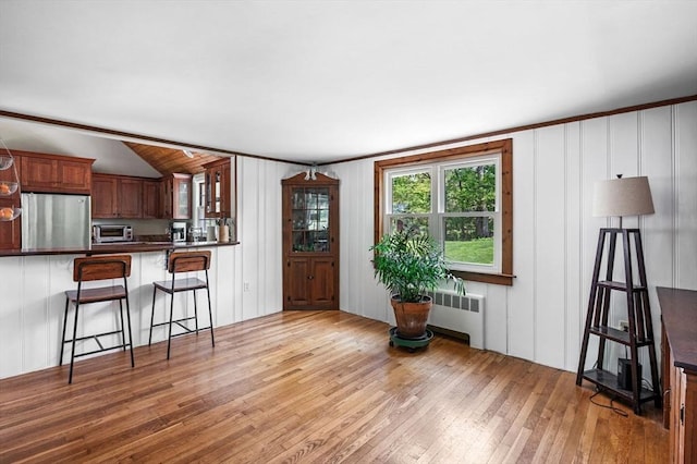 13 Clarks Rd, Amesbury, MA 01913 - living area featuring light wood-style flooring, radiator heating unit, and vaulted ceiling