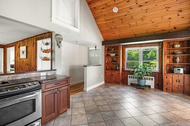 13 Clarks Rd, Amesbury, MA 01913 - kitchen featuring stainless steel electric range, radiator, wood ceiling, high vaulted ceiling, and baseboards