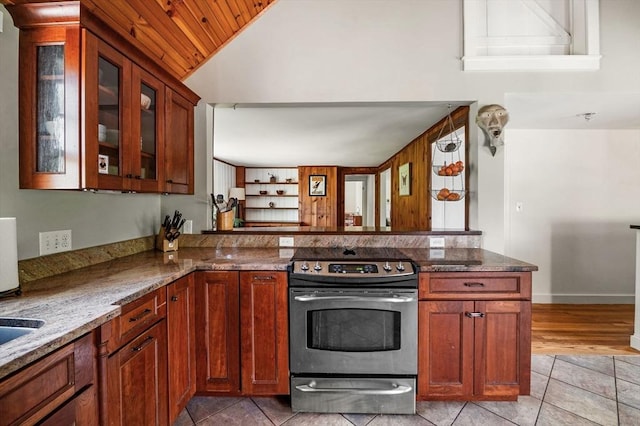 13 Clarks Rd, Amesbury, MA 01913 - kitchen featuring electric stove, vaulted ceiling, wooden ceiling, dark stone countertops, and glass insert cabinets