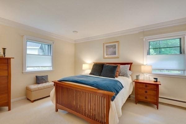 bedroom featuring light carpet, a baseboard radiator, baseboards, and crown molding