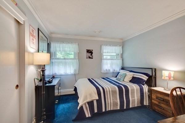 bedroom with dark colored carpet, crown molding, and baseboards