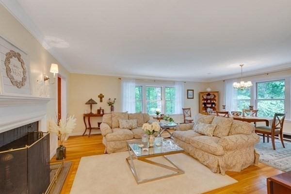 living room featuring crown molding, light wood-type flooring, a fireplace, and an inviting chandelier