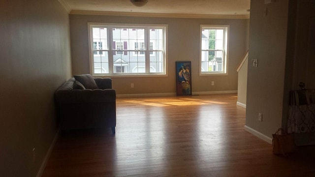 interior space with light hardwood / wood-style flooring and ornamental molding