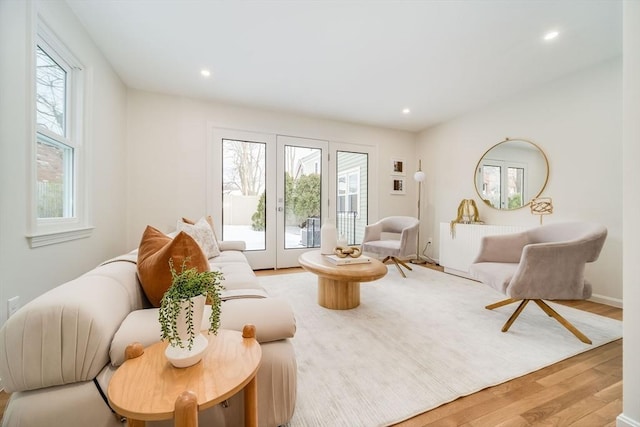 living area featuring french doors, wood finished floors, and recessed lighting
